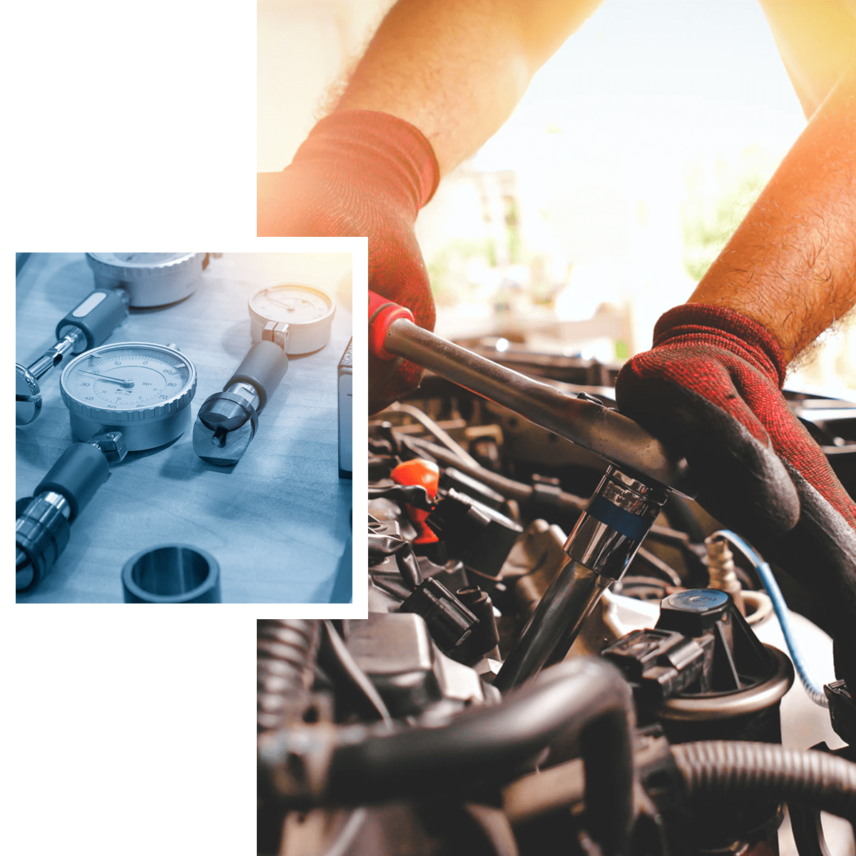 Mechanic working on engine with gauges nearby.