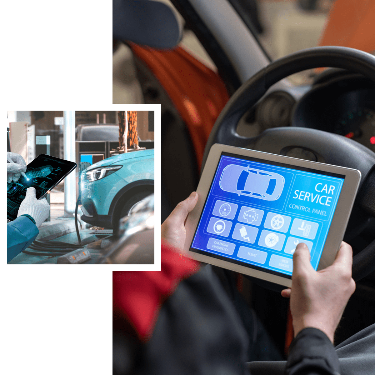 Tablet displaying car service control panel.